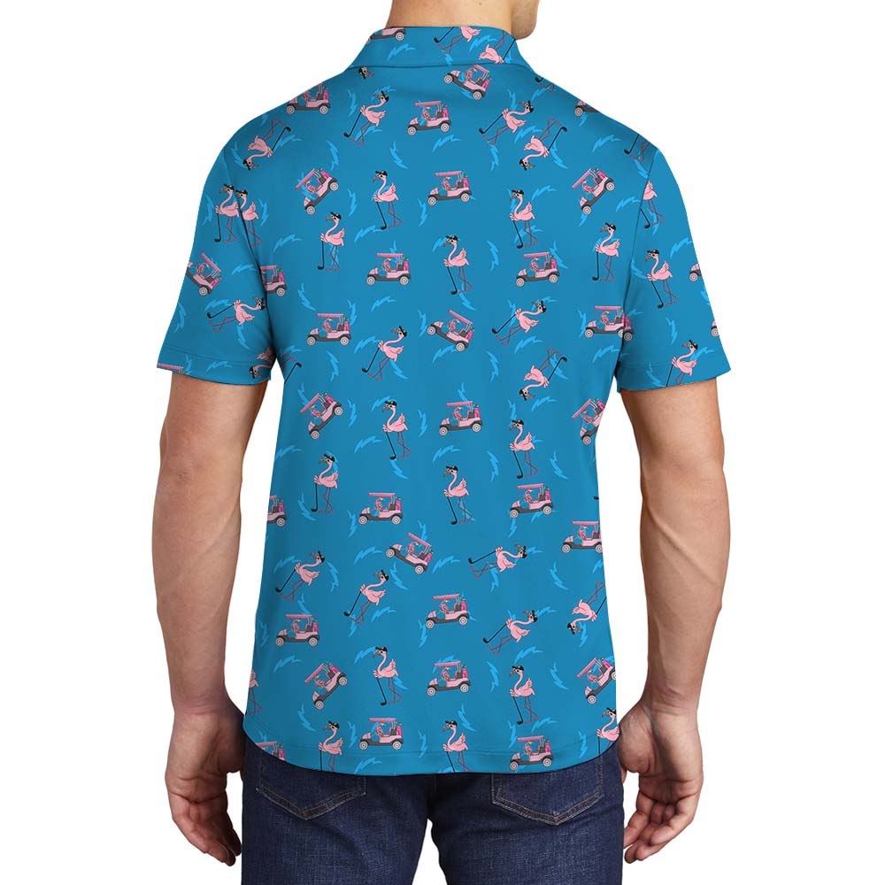 Blue Golf Polo Shirt With Flamingo Print