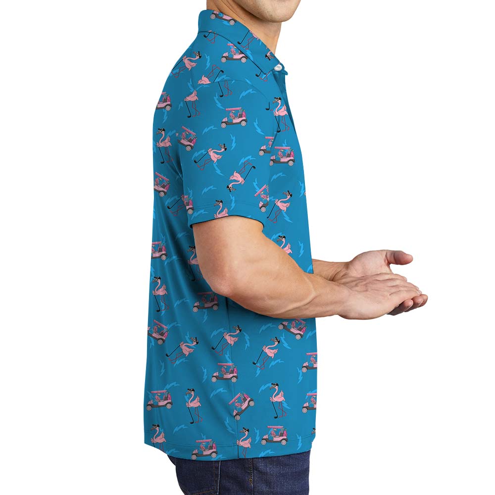 Blue Golf Polo Shirt With Flamingo Print