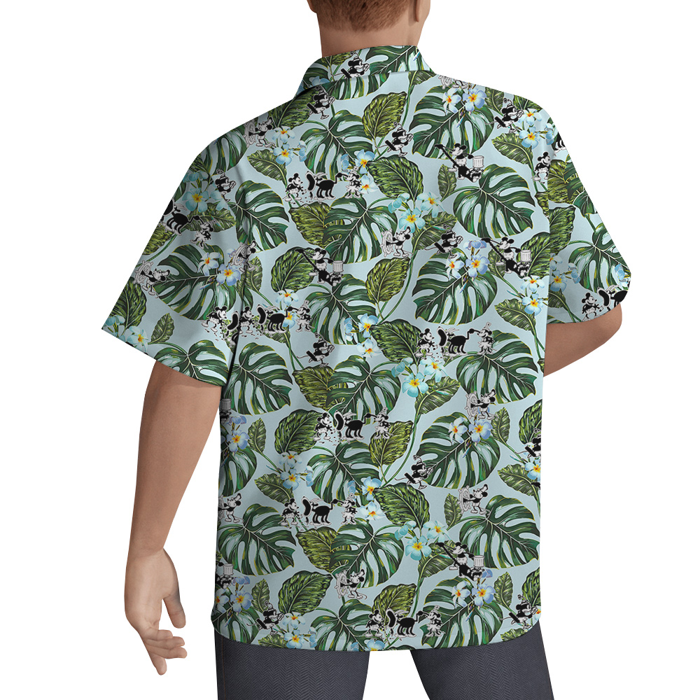 Vintage Green Hawaiian Men Shirt Steamboat Willie Mickey