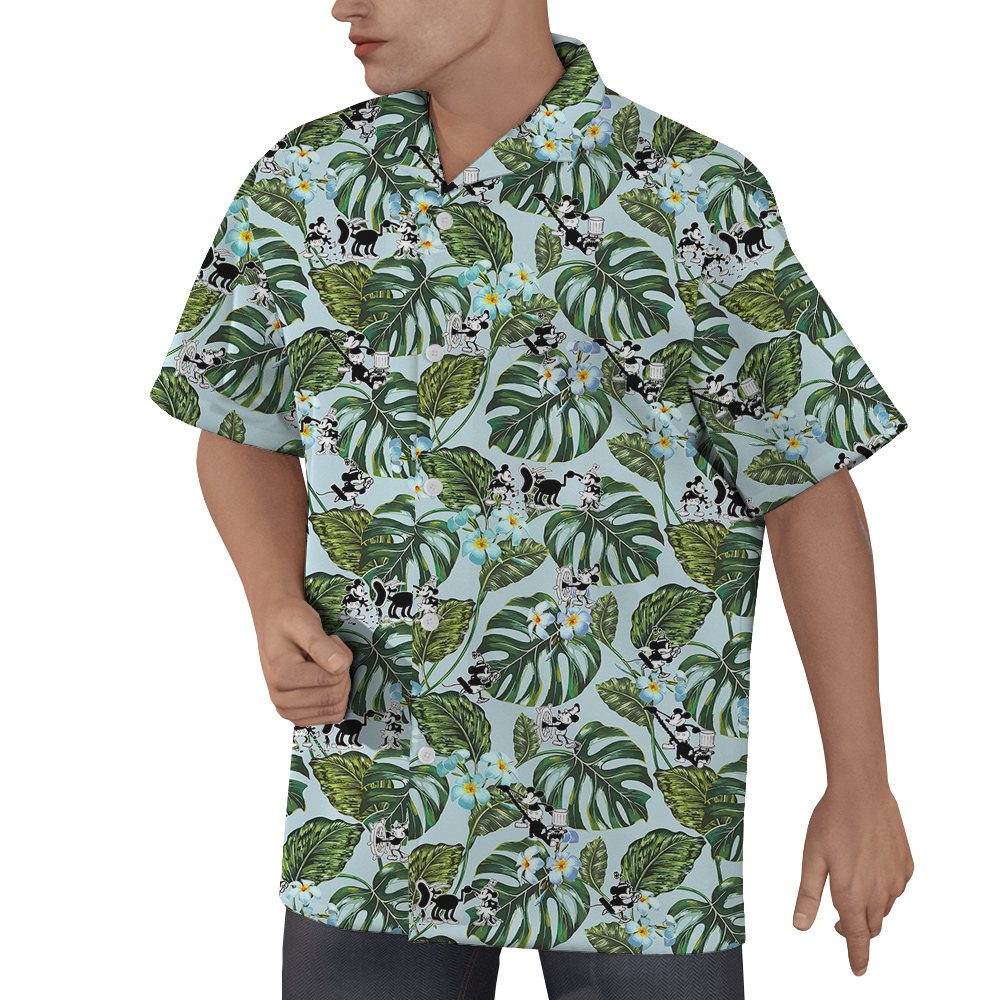 Vintage Green Hawaiian Men Shirt Steamboat Willie Mickey