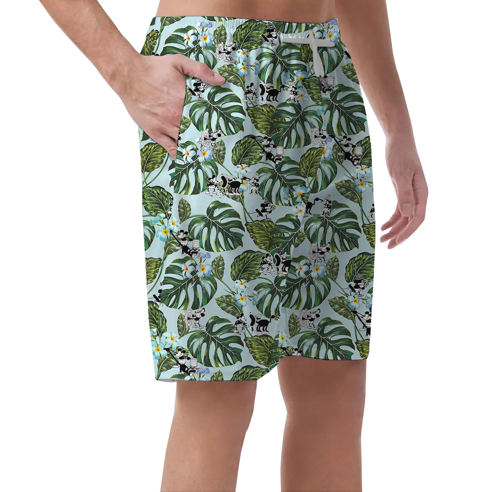 Green Hawaiian Men Short Featuring Mickey Mouse Steamboat Willie