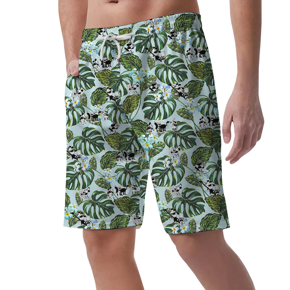Green Hawaiian Men Short Featuring Mickey Mouse Steamboat Willie