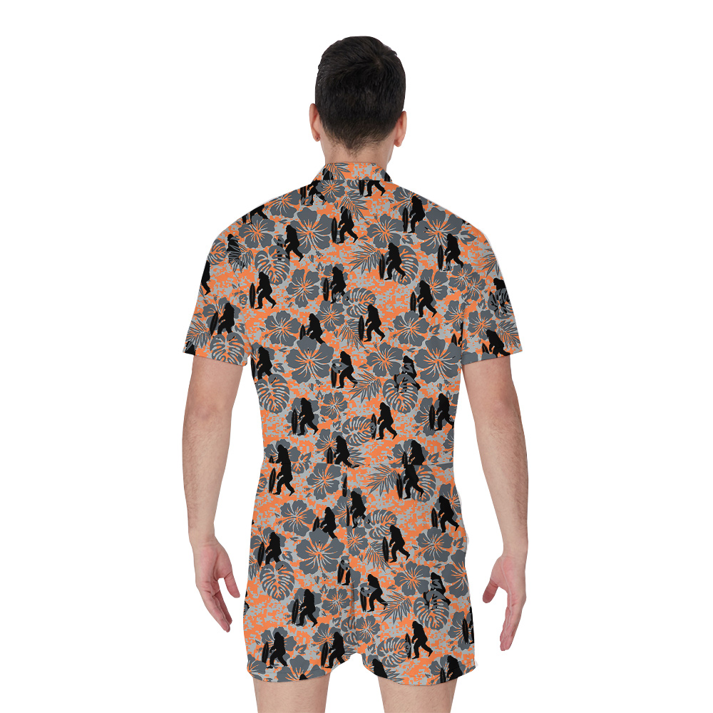 Classic Floral Bigfoot Surfing Orange Hawaiian Romper For Men