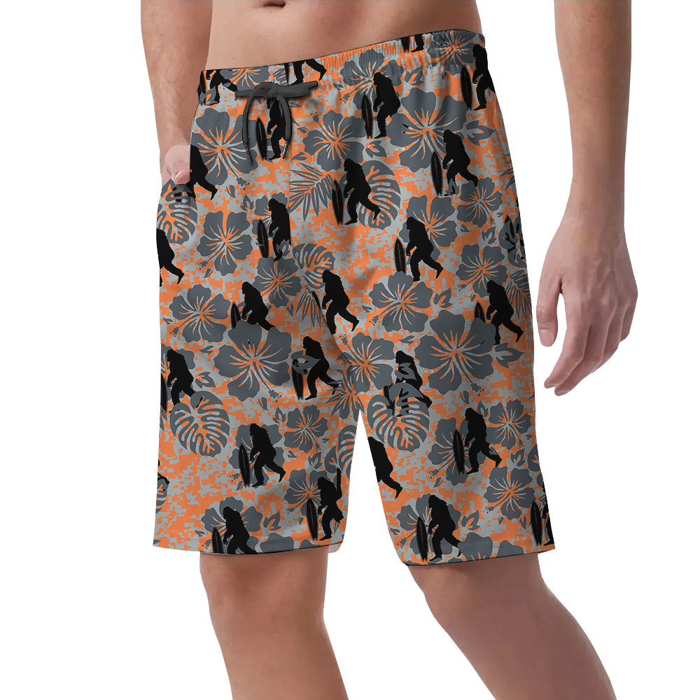 Funny Bigfoot Surfing Vintage Hibiscus Hawaiian Shorts For Men