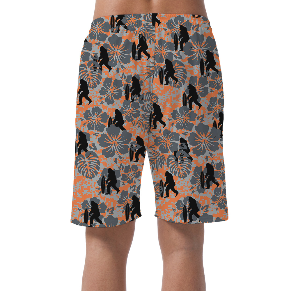 Funny Bigfoot Surfing Vintage Hibiscus Hawaiian Shorts For Men