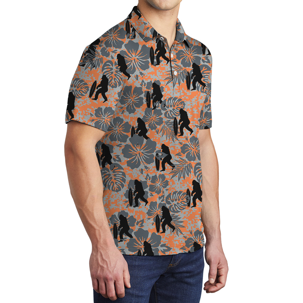 Vintage Hibiscus Surfing Bigfoot Orange Hawaiian Polo Shirt