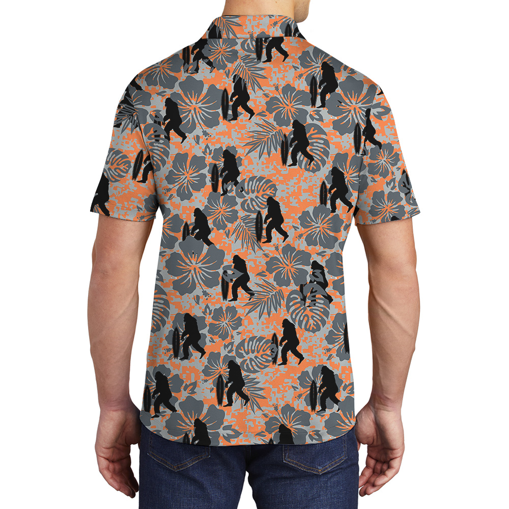 Vintage Hibiscus Surfing Bigfoot Orange Hawaiian Polo Shirt