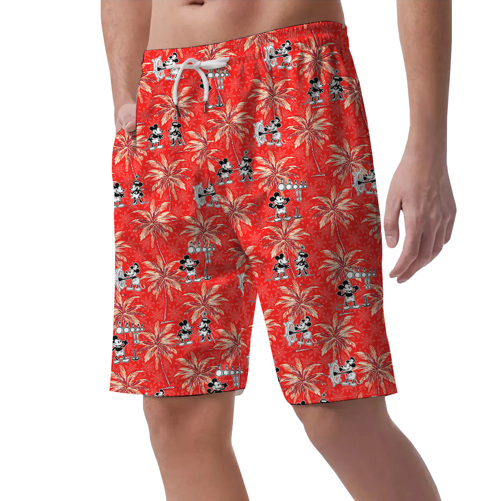 Red Palm Tree Mickey Steamboat Willie Aloha Short for Men