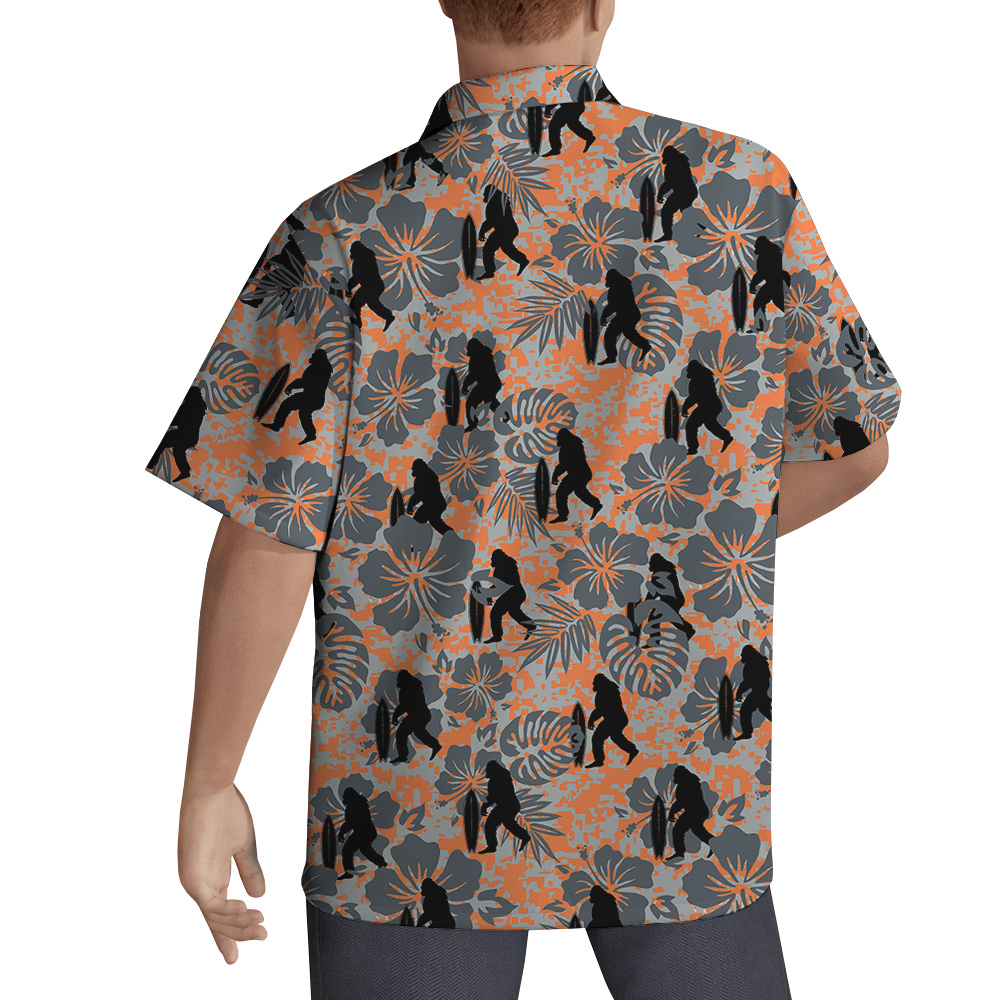 Bigfoot Surfing Board Vintage Hibiscus Orange Hawaiian Shirt