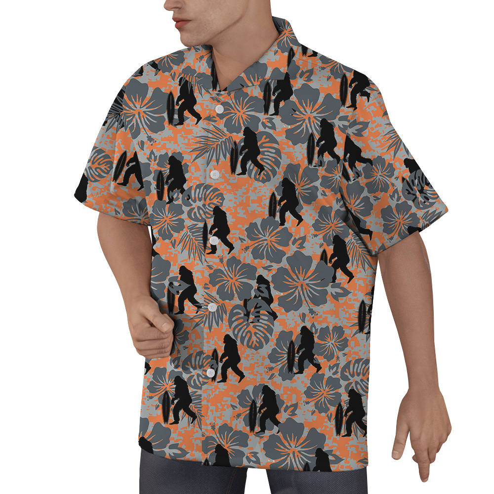 Bigfoot Surfing Board Vintage Hibiscus Orange Hawaiian Shirt