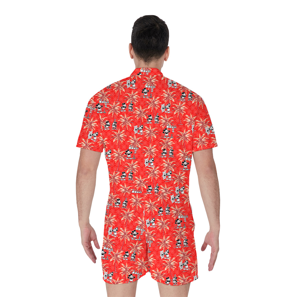 Red Tropical Hawaiian Men Romper with Steamboat Willie Mickey