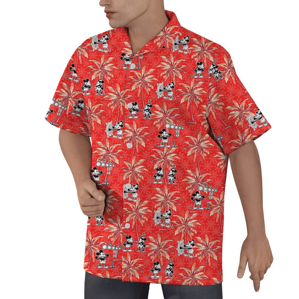 Red Mickey Steamboat Willie Palm Tree Hawaiian Men Shirt