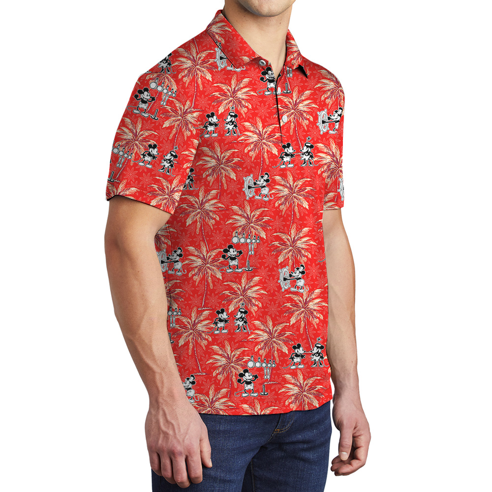 Casual Red Hawaiian Men Polo Shirt with Mickey Steamboat Willie and Palms