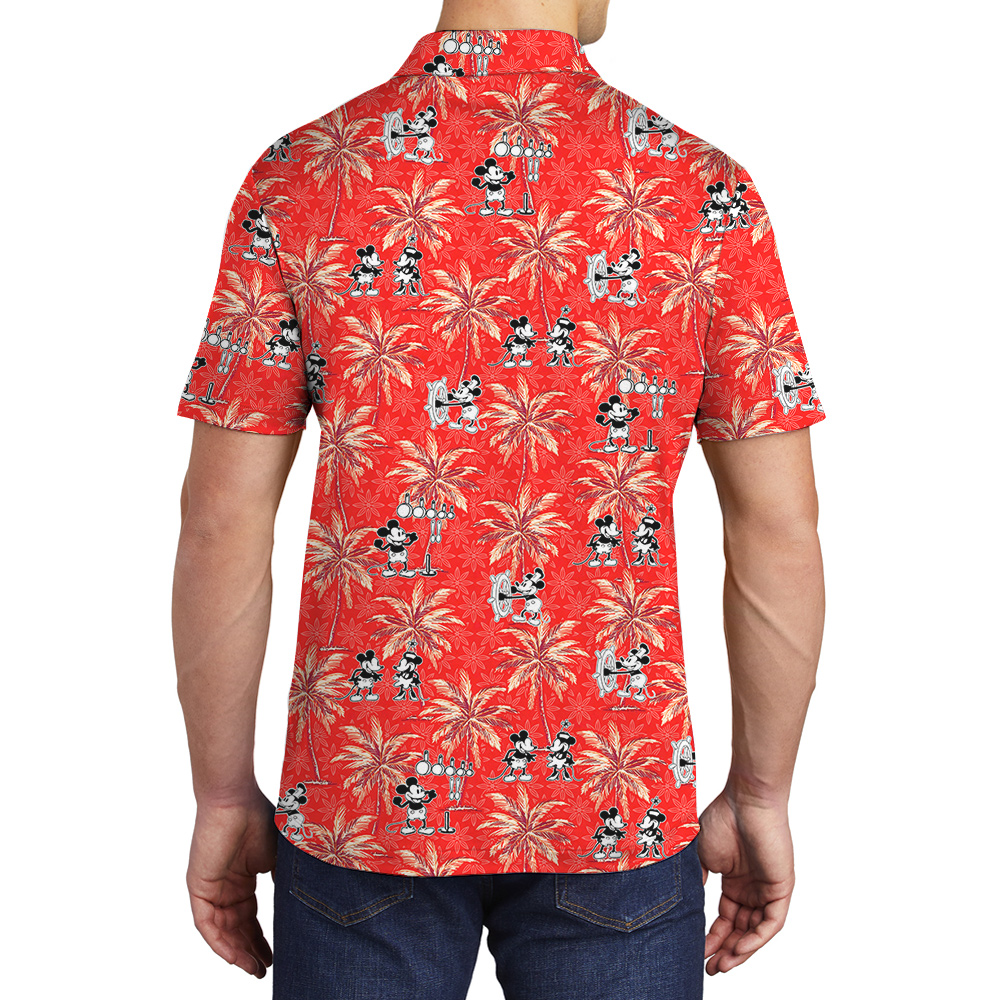 Casual Red Hawaiian Men Polo Shirt with Mickey Steamboat Willie and Palms