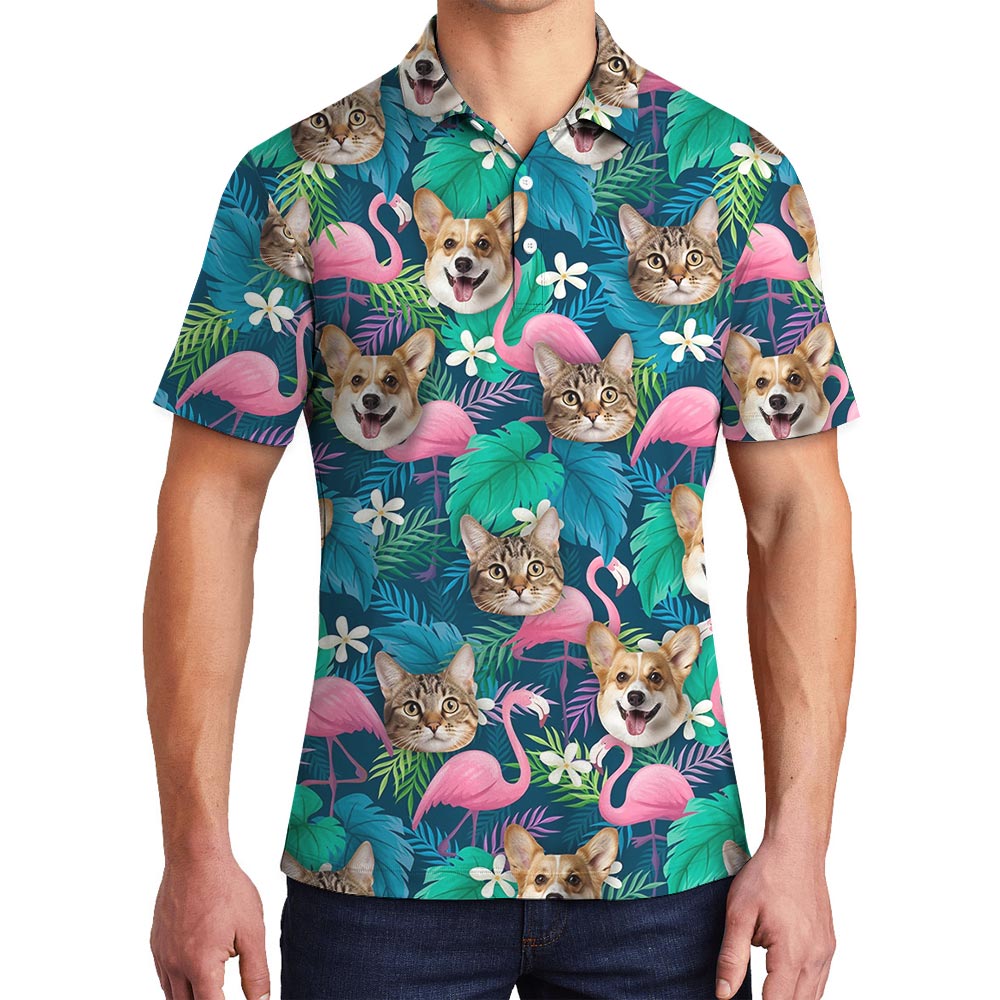 Custom Pet Face Men's Hawaiian Polo Shirt Flamingo Print - variant image 1