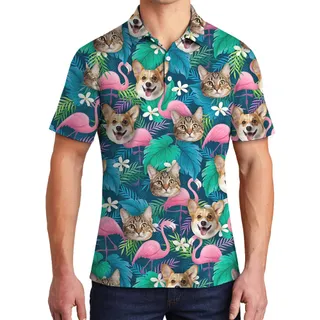 Custom Pet Face Men's Hawaiian Polo Shirt Flamingo Print