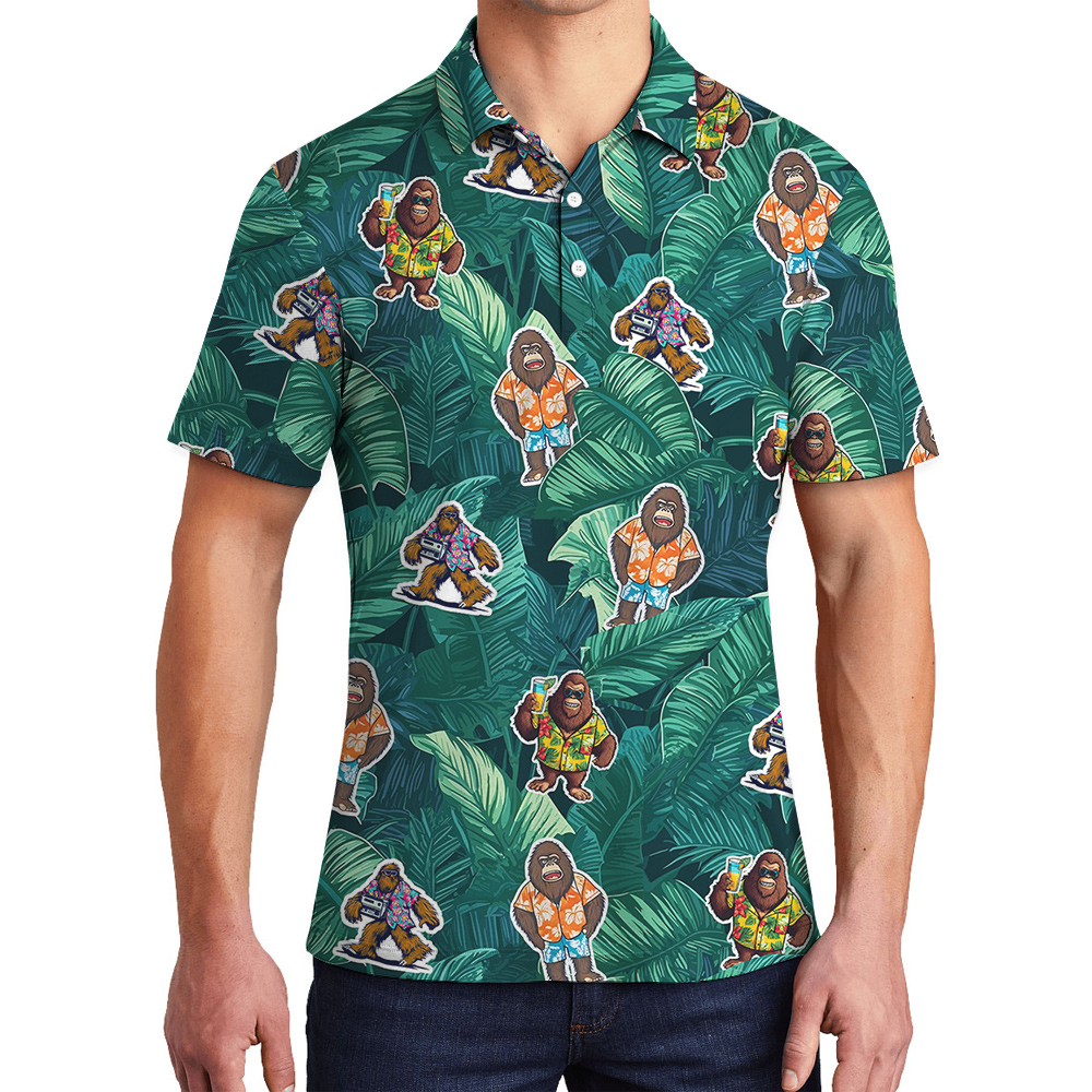 Bigfoot Sticker Tropical Green Hawaiian Polo Shirt - variant image 1