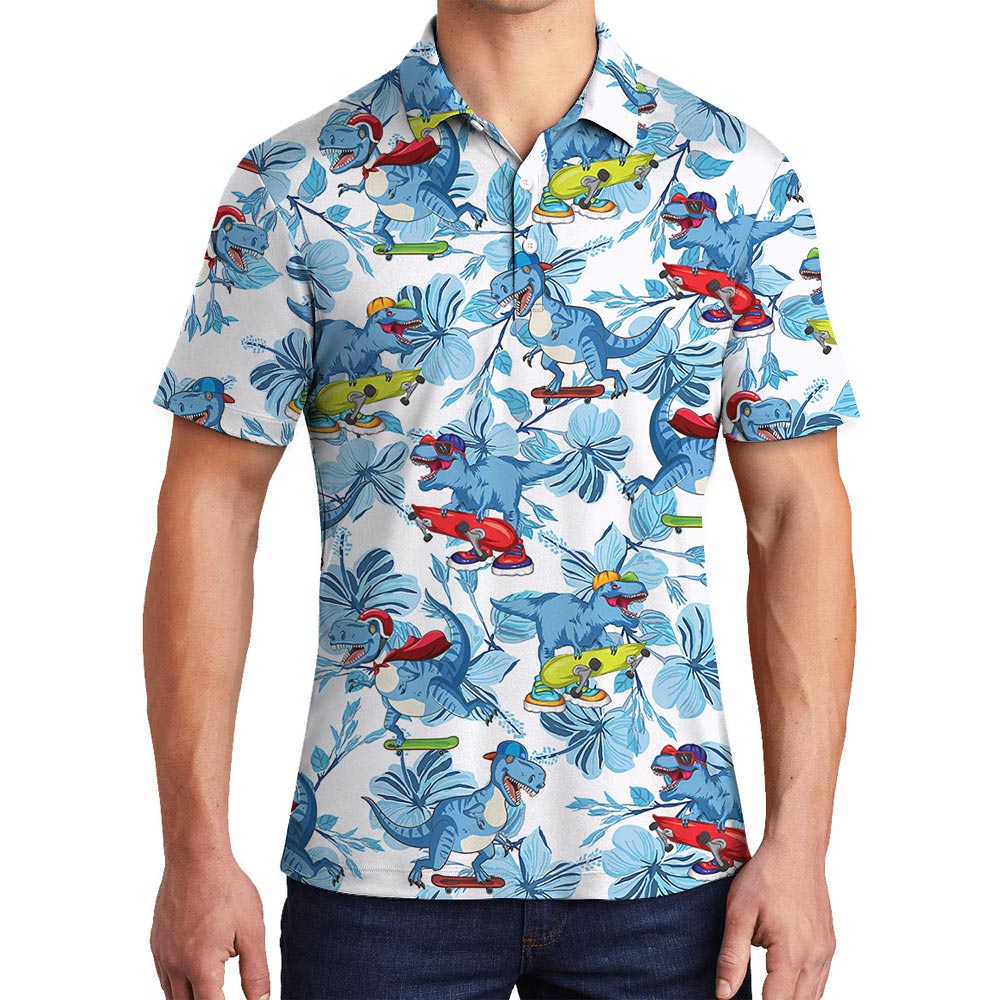 Funny Skateboarding Dinosaur Blue Hawaiian Polo Shirt For Men - variant image 1