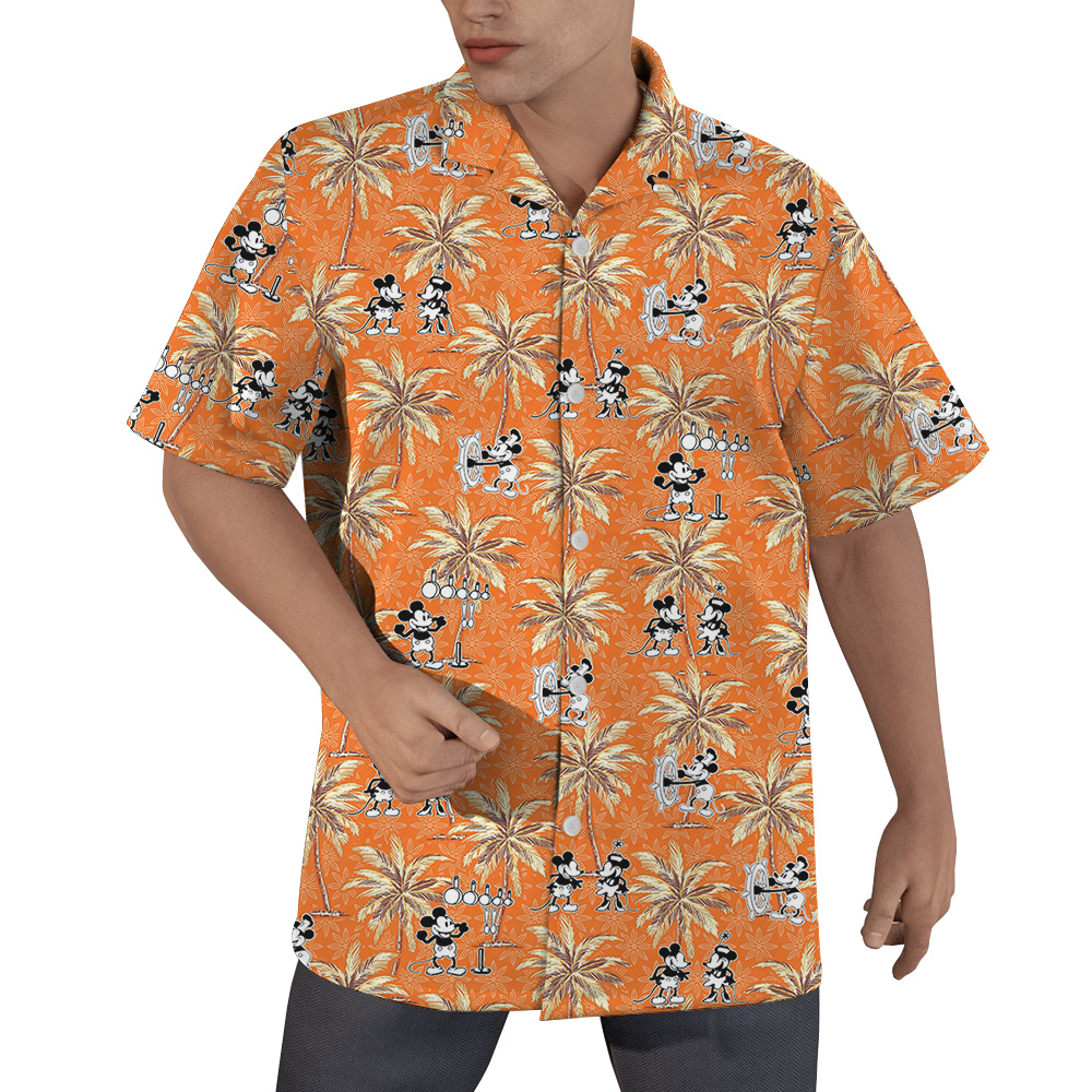 Orange Retro Mickey Steamboat Willie Hawaiian Shirt for Men - variant image 1