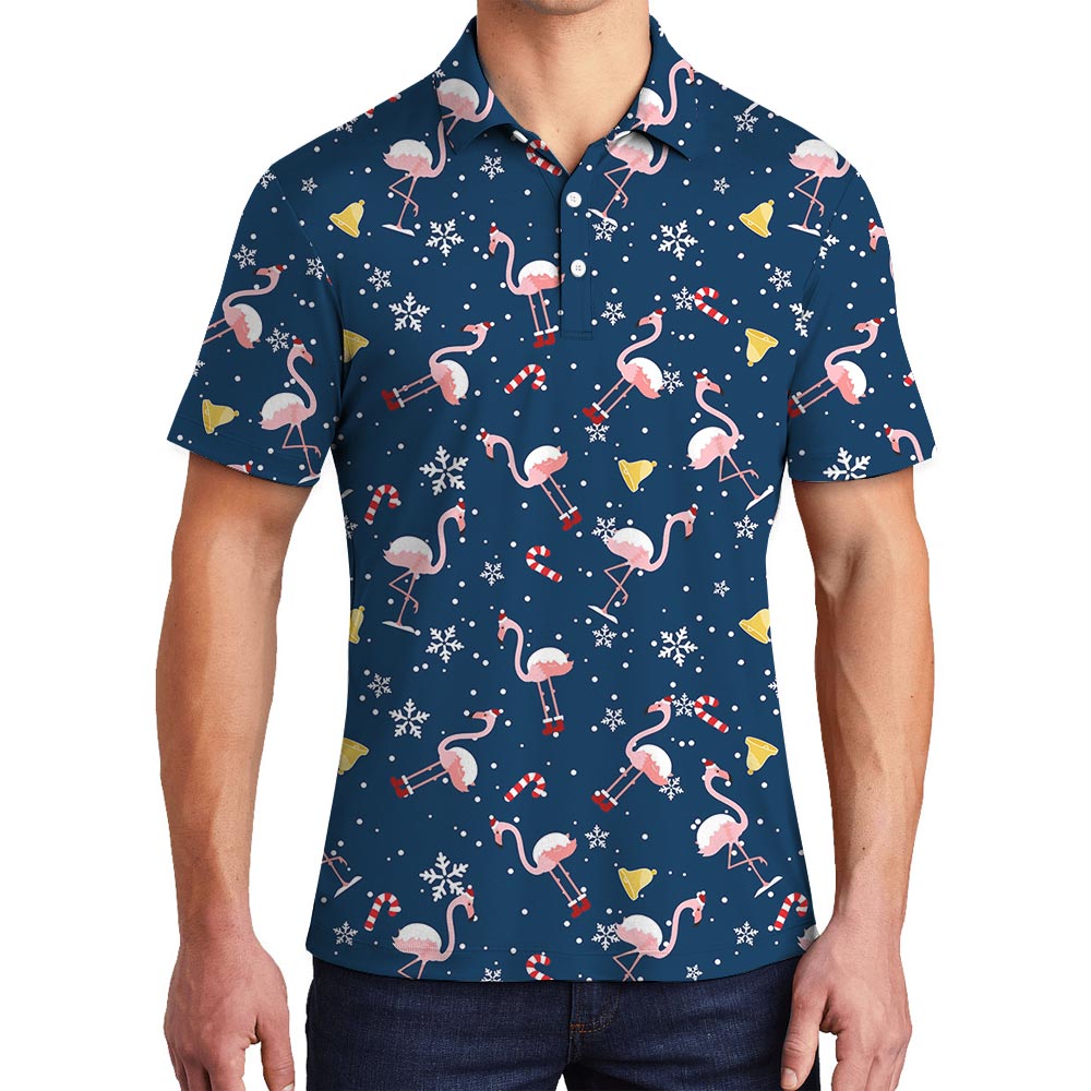 Navy Flamingo Christmas Polo Golf Shirt For Men - variant image 1