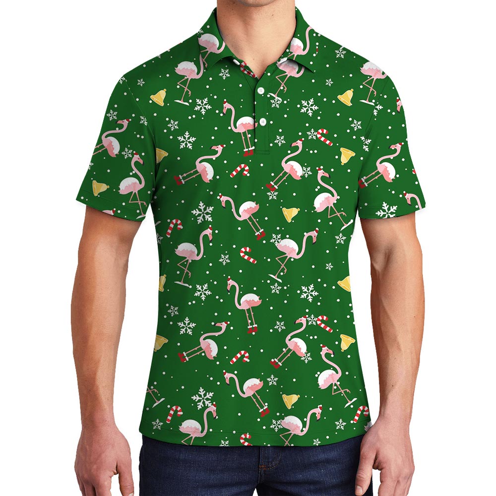 Men's Flamingo Christmas Green Hawaiian Polo Shirt - variant image 1