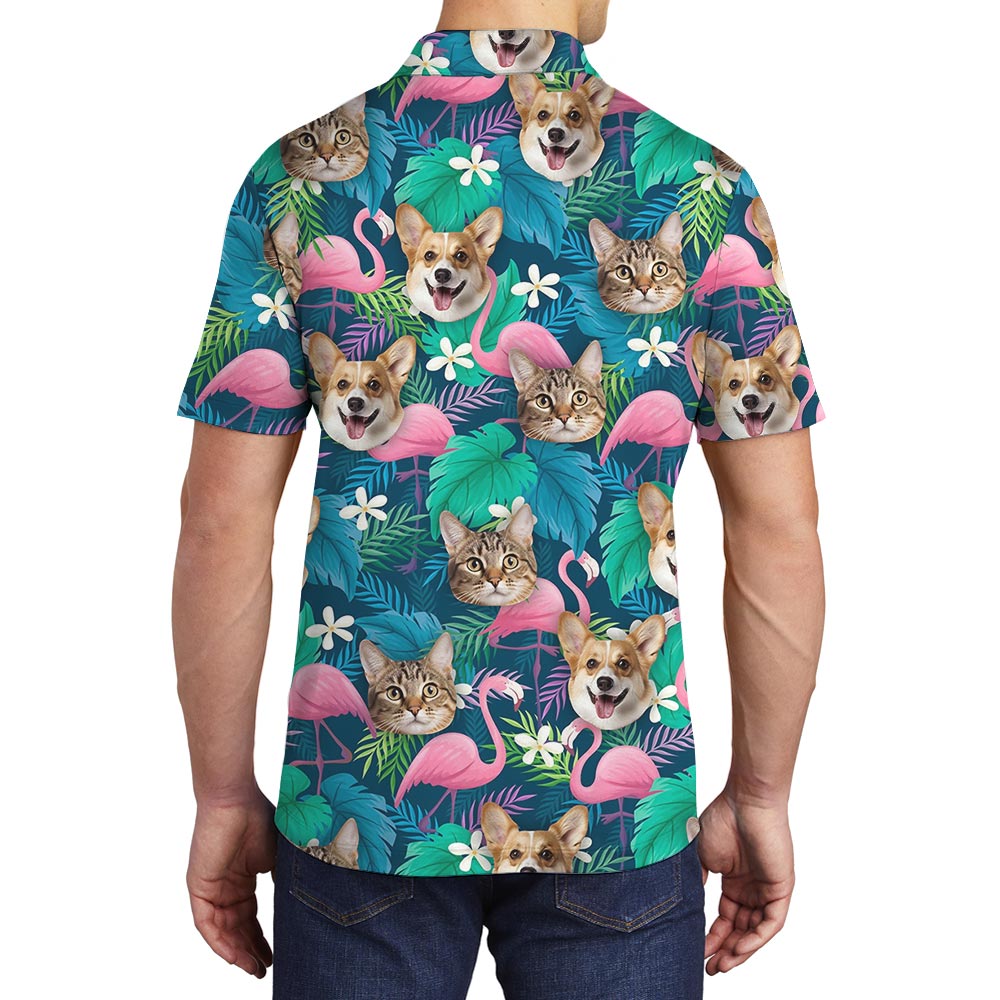 Custom Pet Face Men's Hawaiian Polo Shirt Flamingo Print