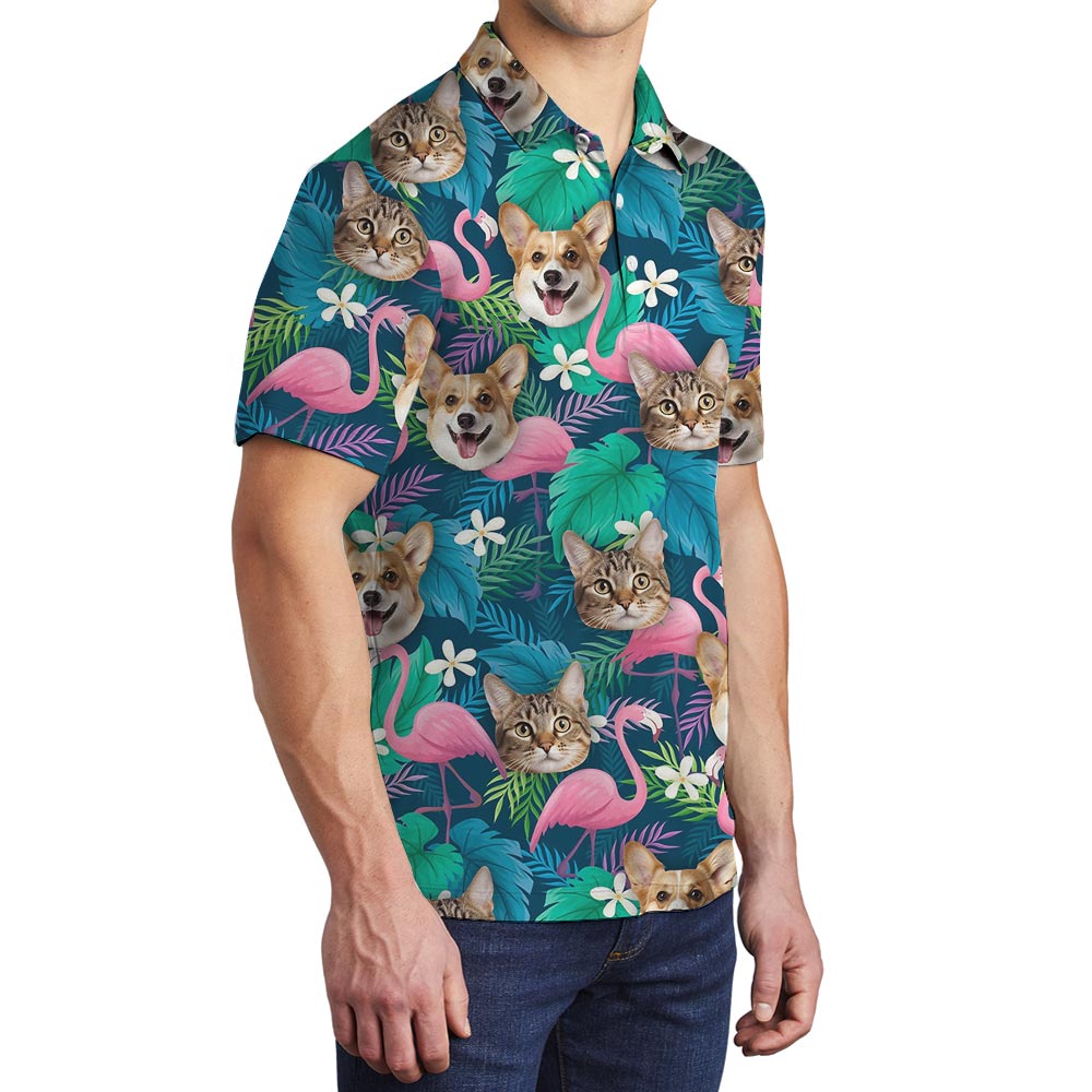 Custom Pet Face Men's Hawaiian Polo Shirt Flamingo Print