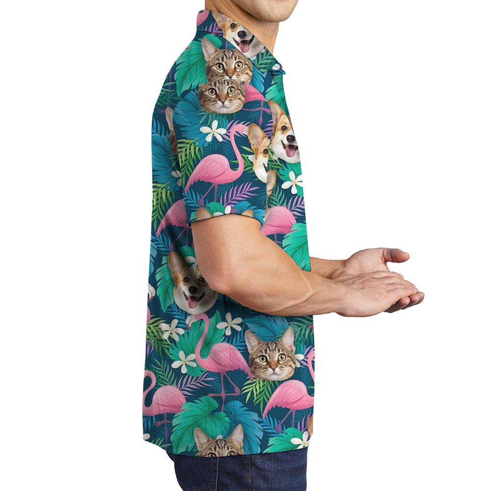Custom Pet Face Men's Hawaiian Polo Shirt Flamingo Print
