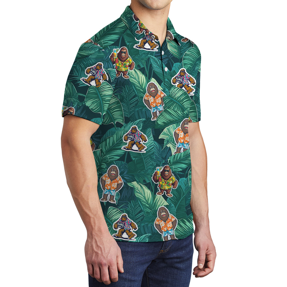 Bigfoot Sticker Tropical Green Hawaiian Polo Shirt