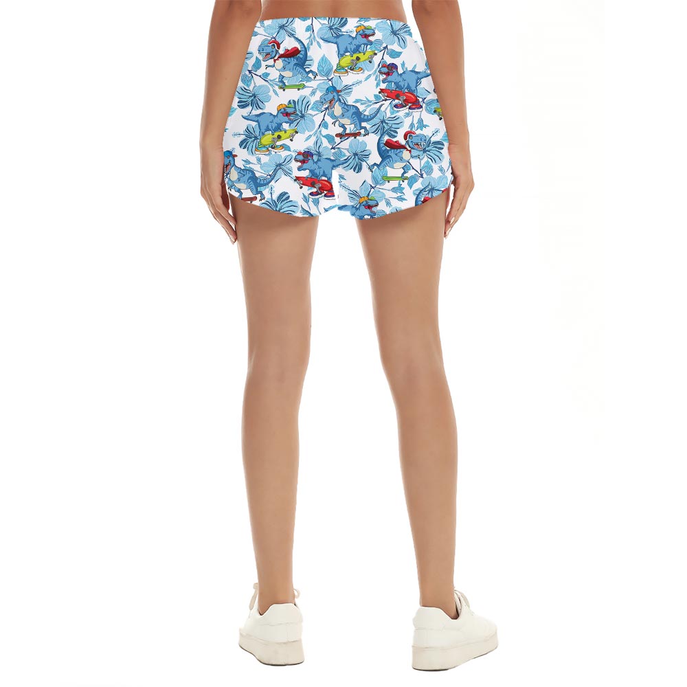 Funny Skateboarding Dinosaur Hawaiian Shorts For Women