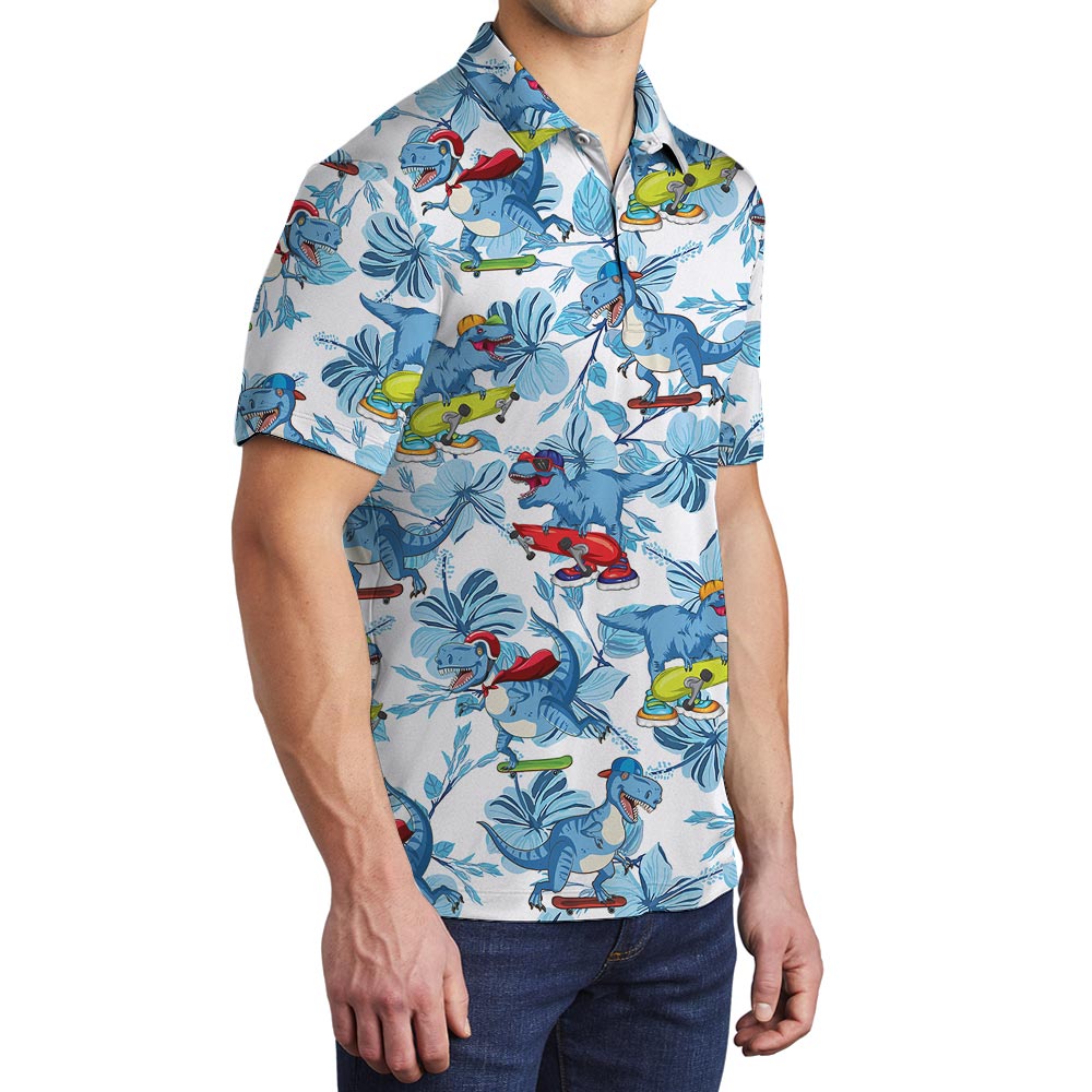 Funny Skateboarding Dinosaur Blue Hawaiian Polo Shirt For Men