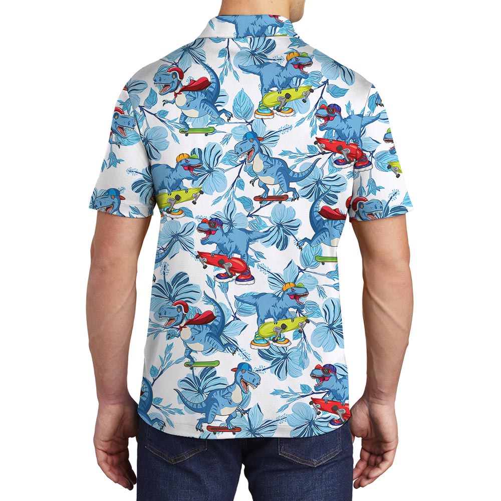 Funny Skateboarding Dinosaur Blue Hawaiian Polo Shirt For Men