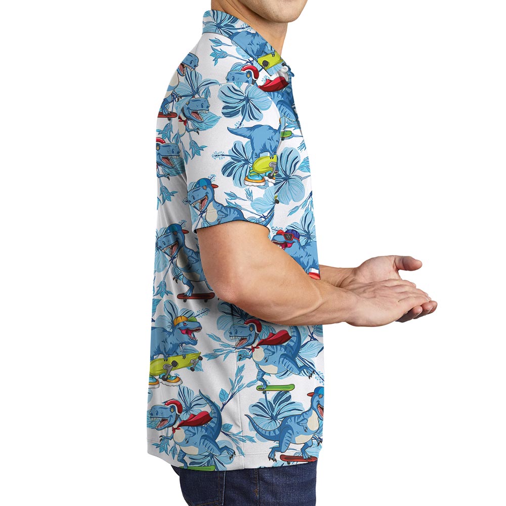 Funny Skateboarding Dinosaur Blue Hawaiian Polo Shirt For Men