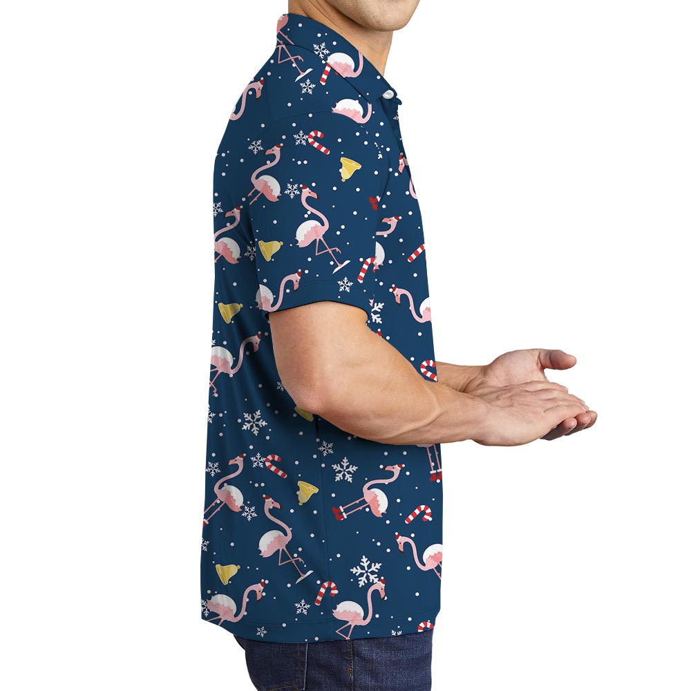 Navy Flamingo Christmas Polo Golf Shirt For Men