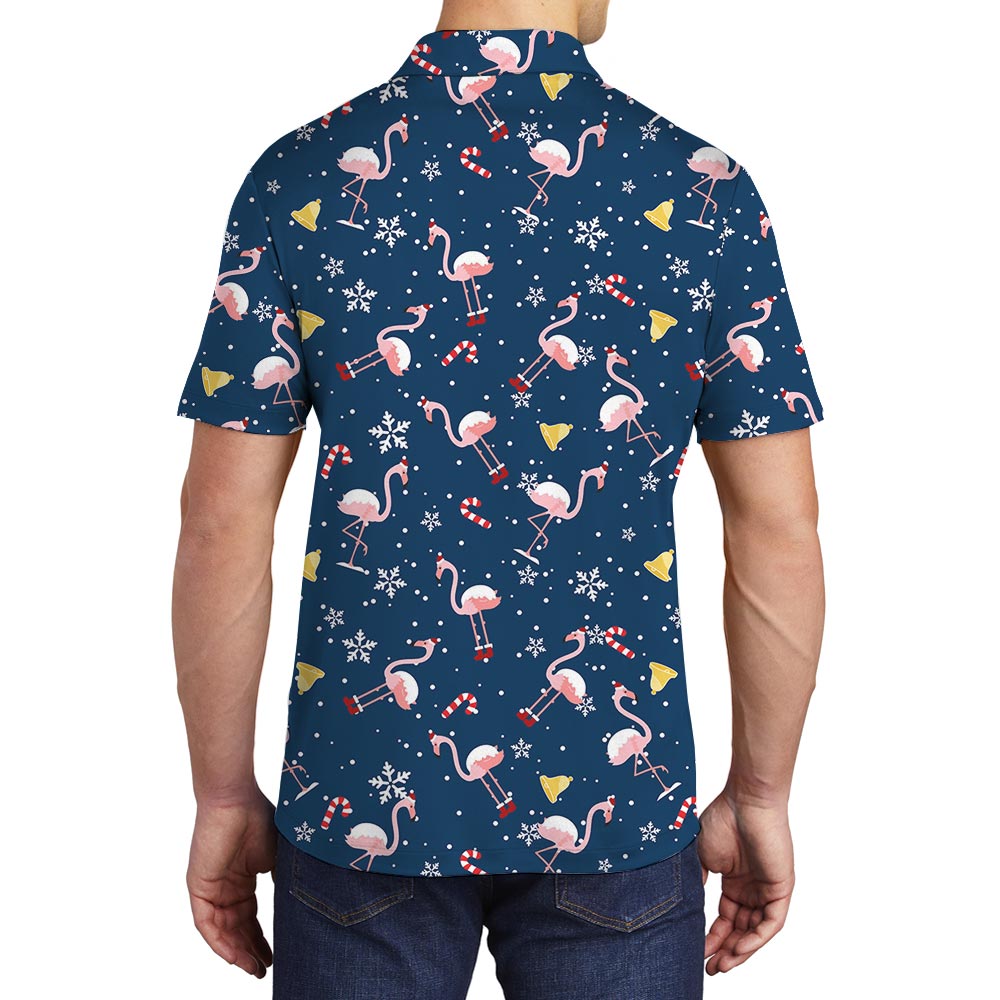 Navy Flamingo Christmas Polo Golf Shirt For Men