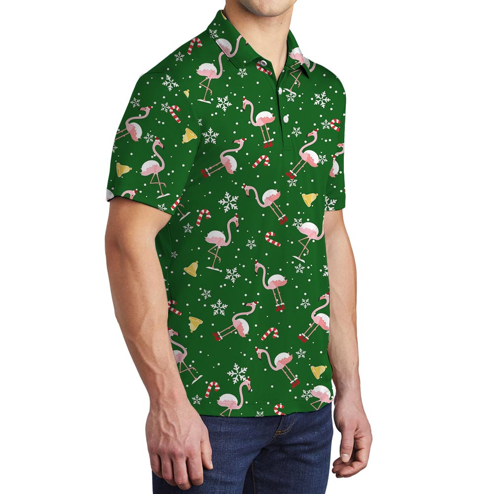 Men's Flamingo Christmas Green Hawaiian Polo Shirt