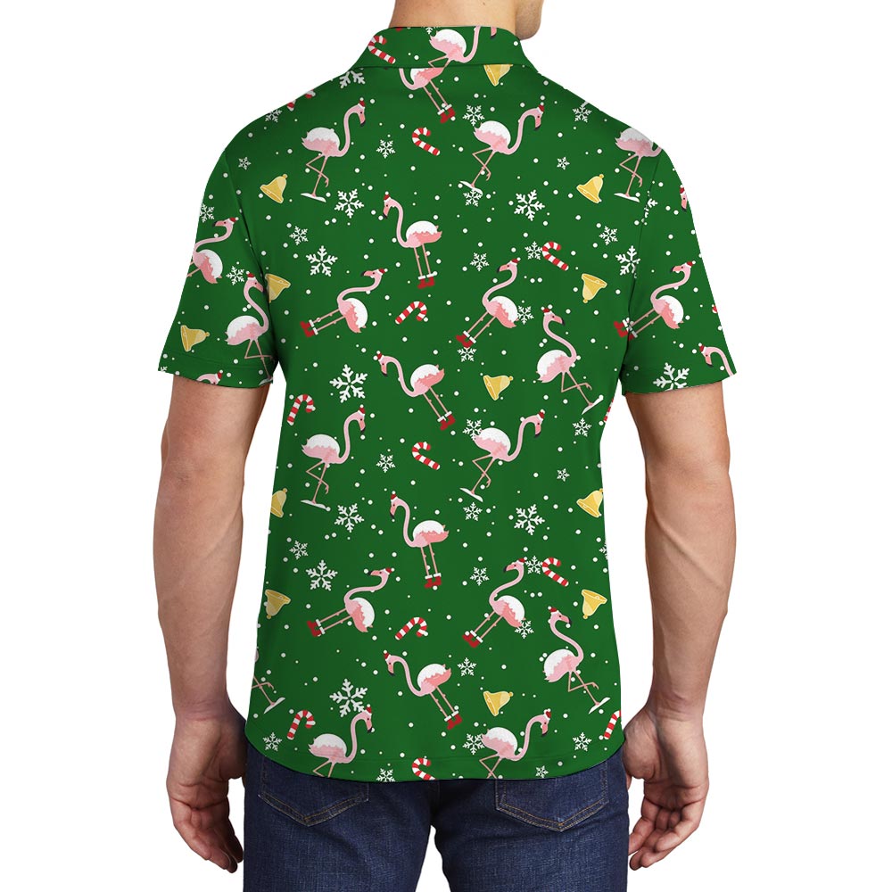 Men's Flamingo Christmas Green Hawaiian Polo Shirt