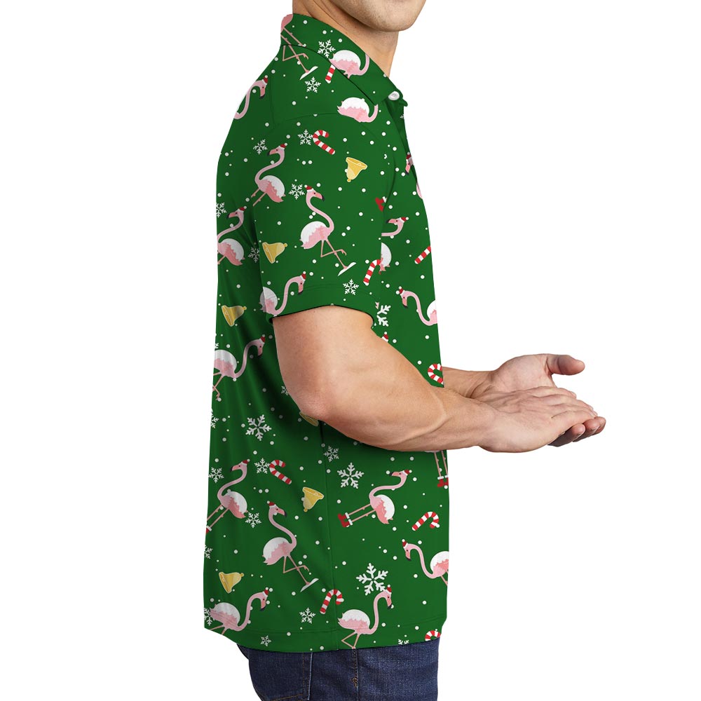 Men's Flamingo Christmas Green Hawaiian Polo Shirt
