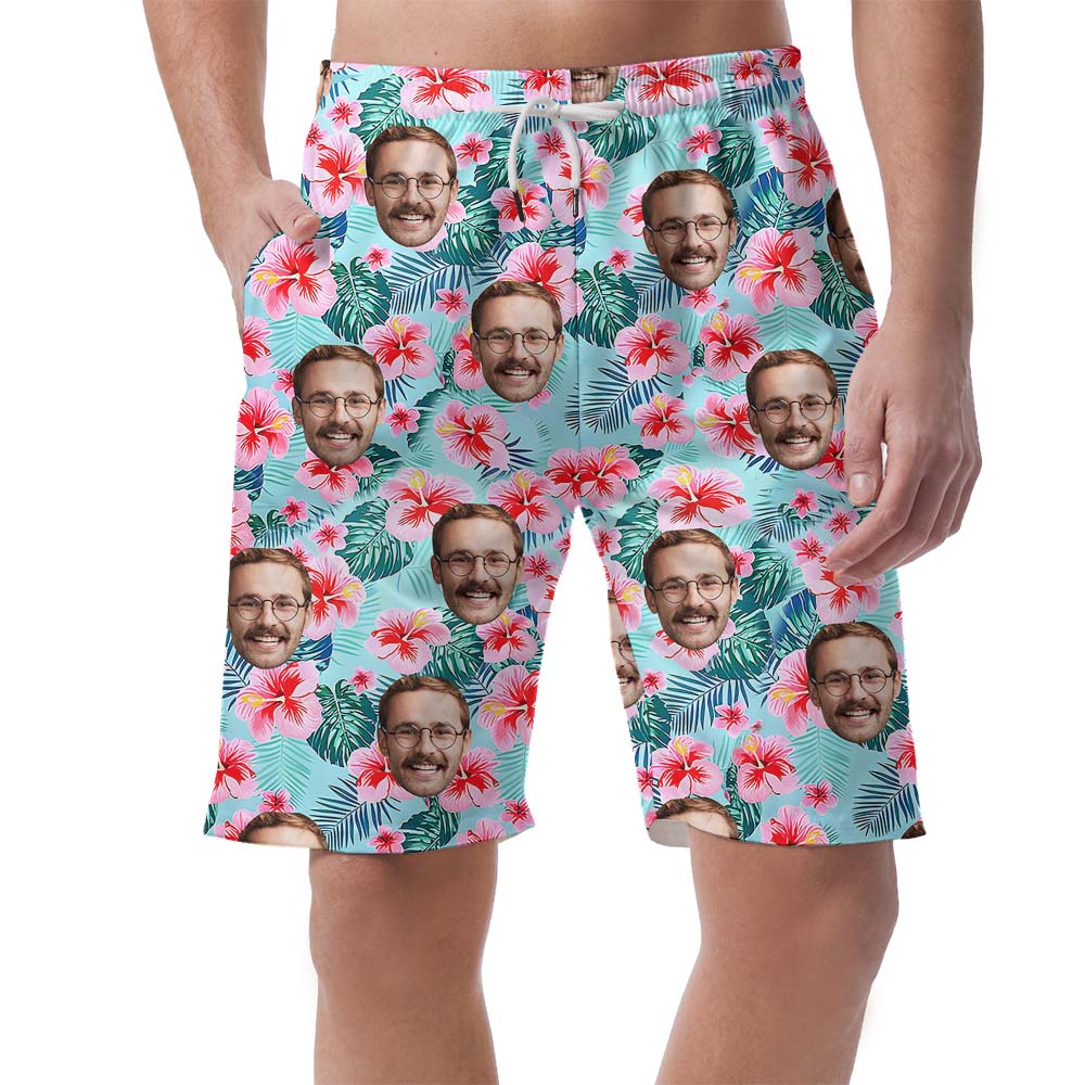 Blue Floral Custom Your Face Men's Hawaiian Shorts - variant image 1