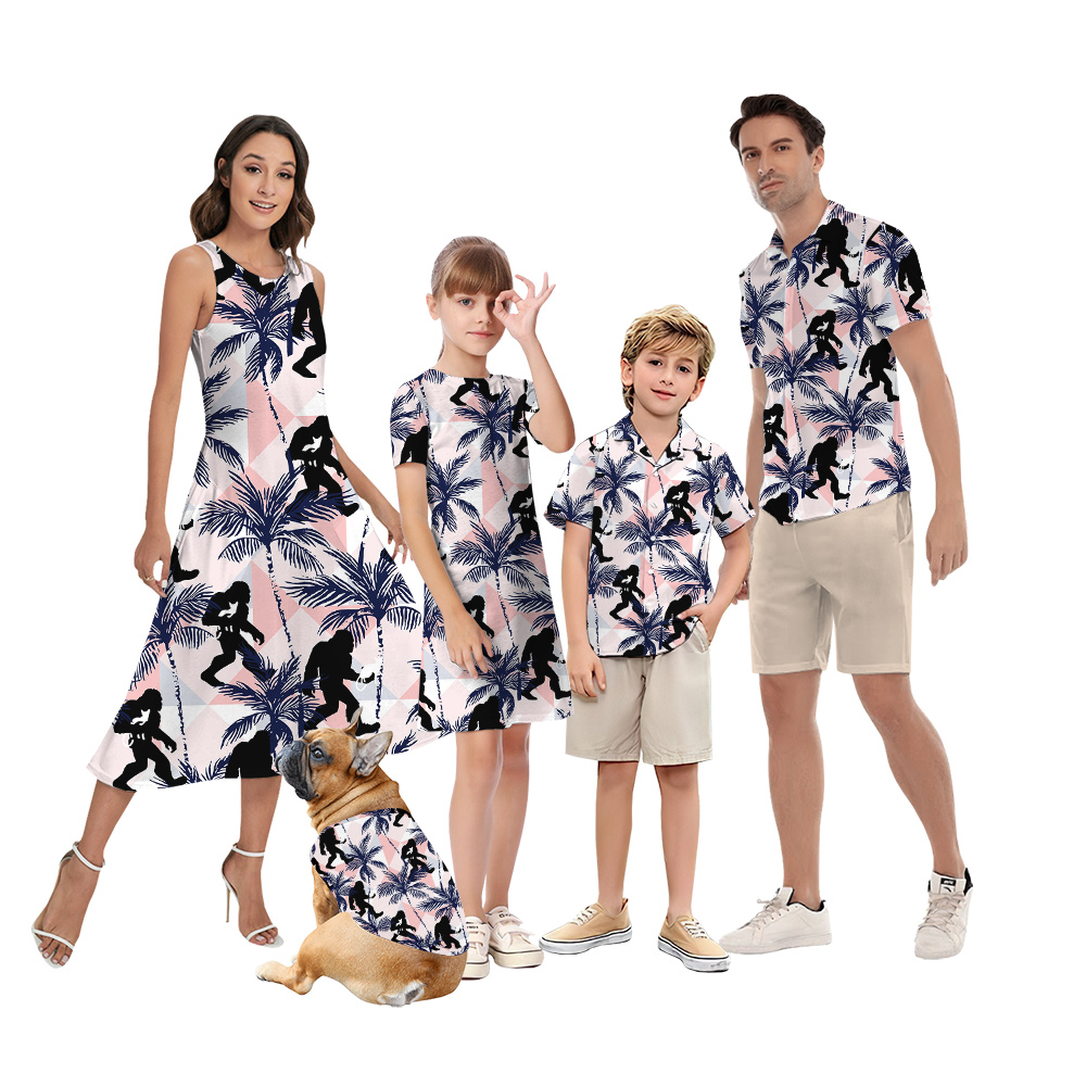 Funny Bigfoot And Cat Tropical Palm Tree Family Matching Hawaiian Shirts - variant image 1
