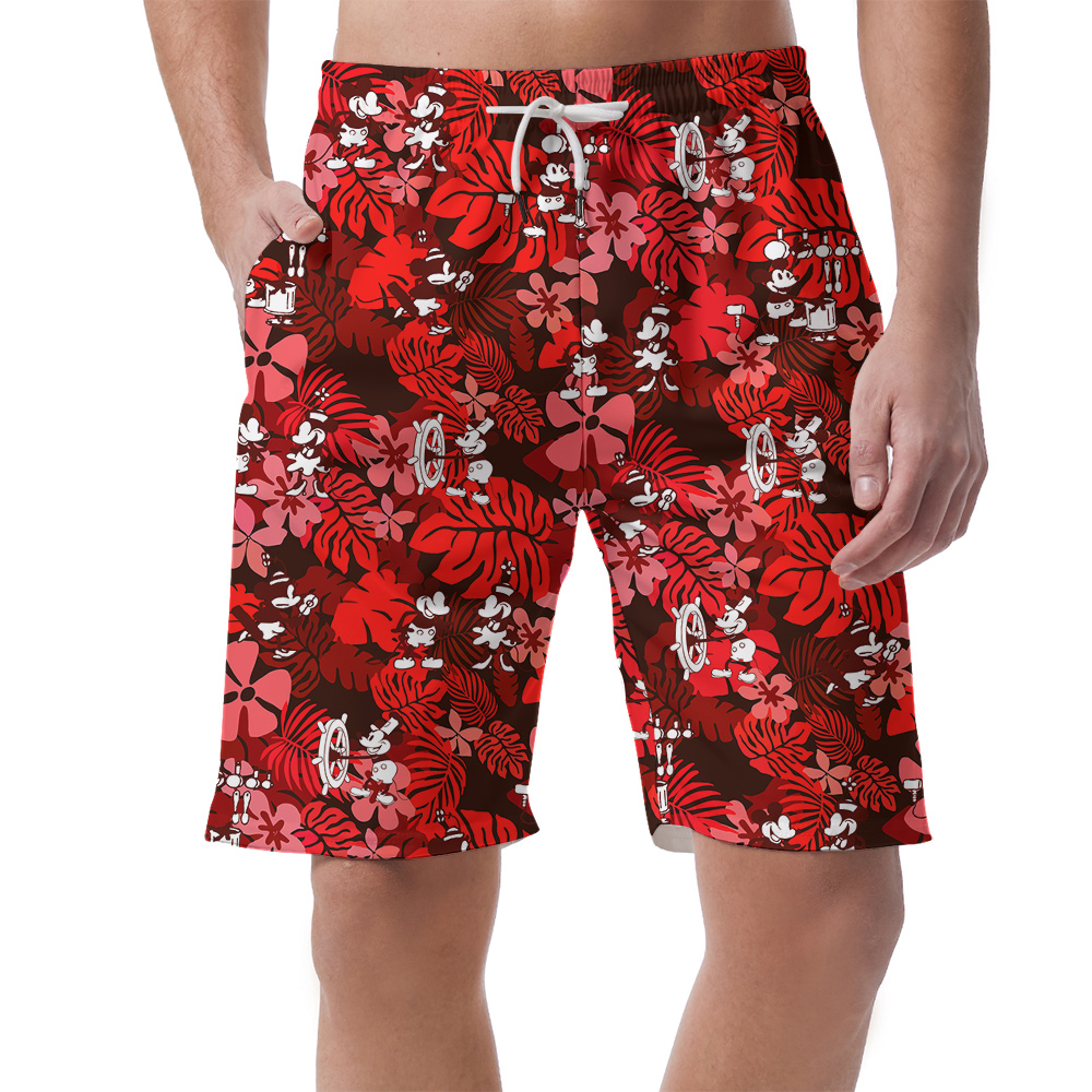 Funny Mickey Steamboat Willie Floral Hawaiian Beach Shorts For Men - variant image 1
