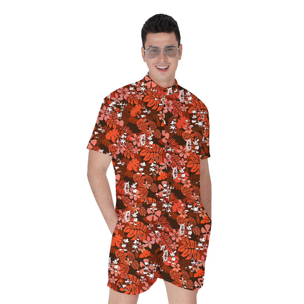 Floral Mickey Steamboat Willie Classic Orange Hawaiian Romper For Men - variant image 1