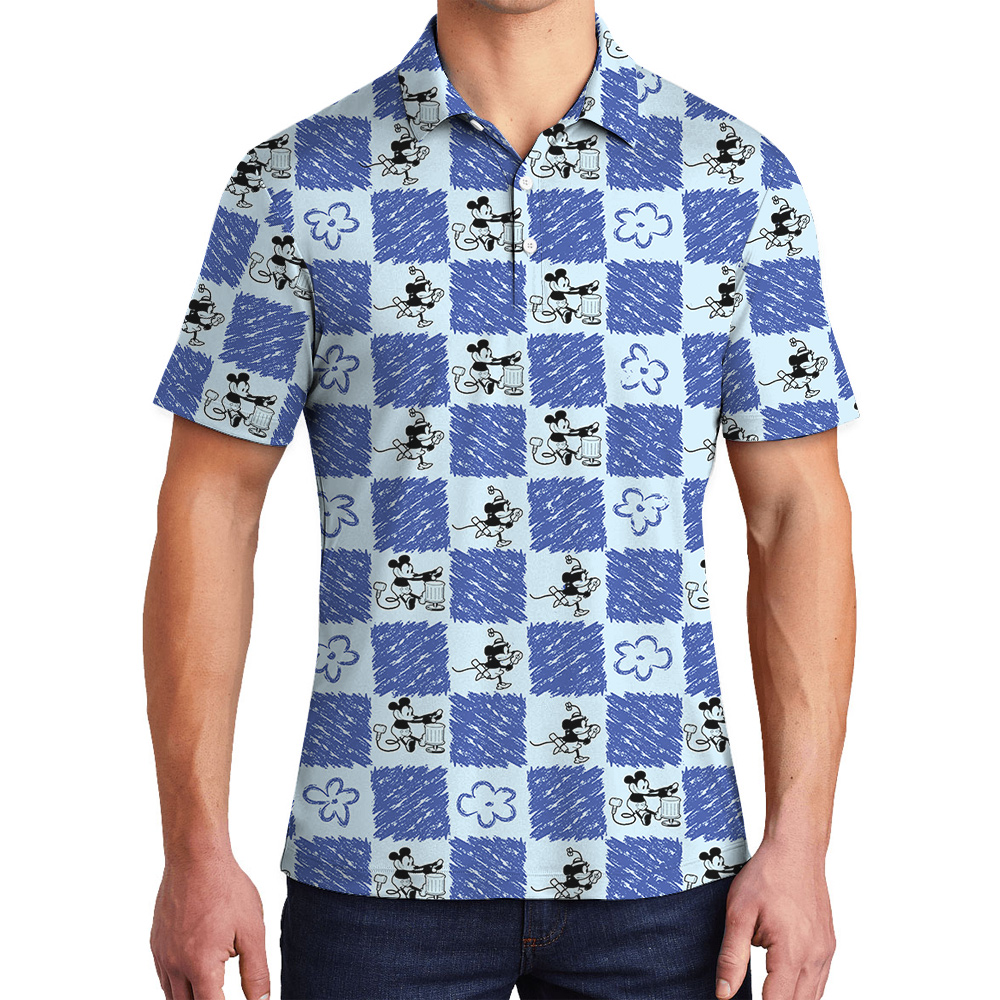 Mickey Steamboat Willie Floral Blue Hawaiian Men's Polo Shirt - variant image 1
