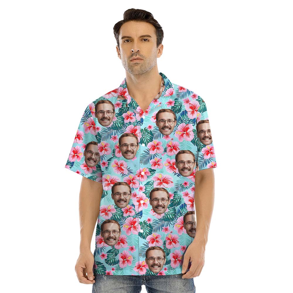 Blue Tropical Custom Matching Family Hawaiian Shirts With Faces