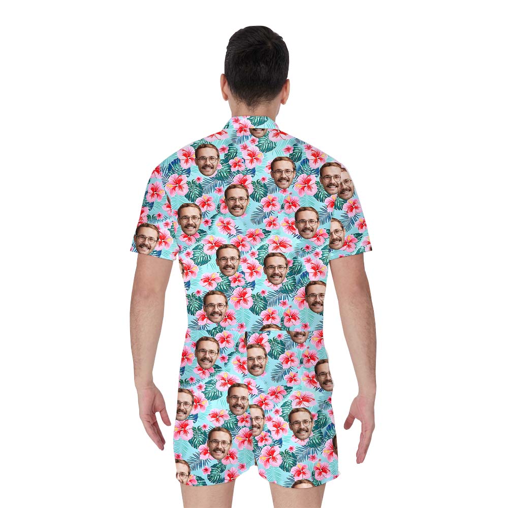 Unique Blue Hibiscus Blue Custom Romper With Faces