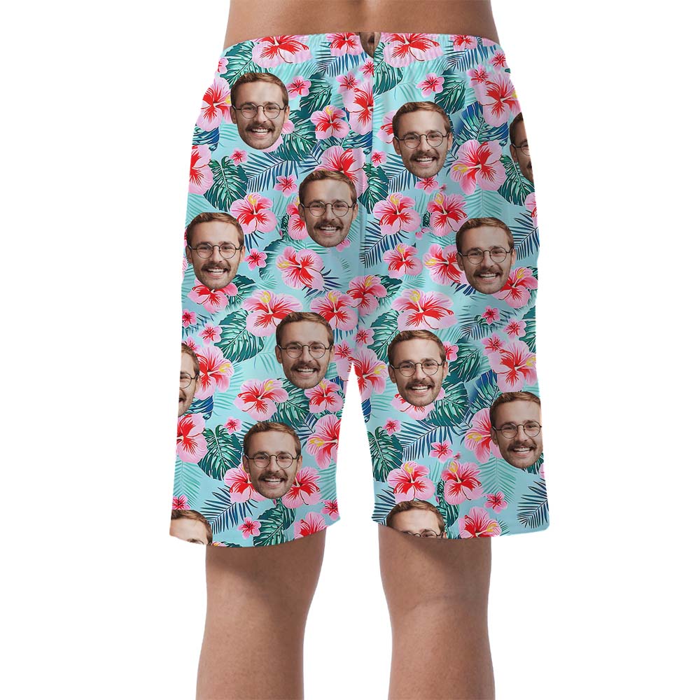 Blue Floral Custom Your Face Men's Hawaiian Shorts