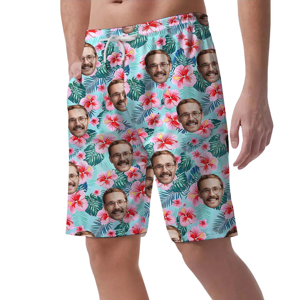 Blue Floral Custom Your Face Men's Hawaiian Shorts