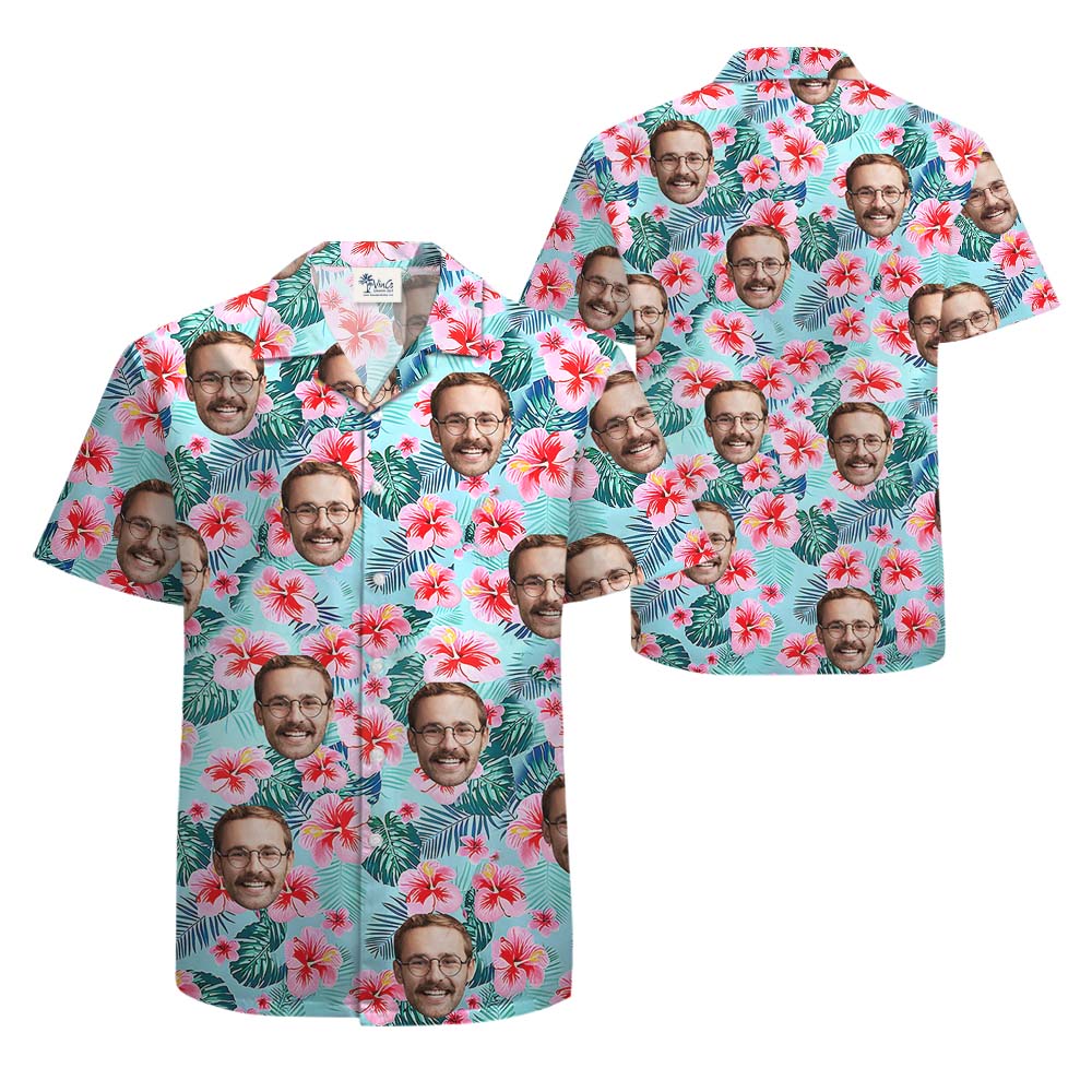 Custom Face Hibiscus Blue Hawaiian Shirt With Faces