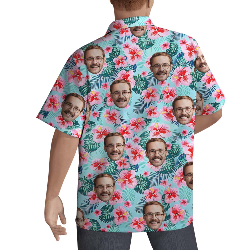 Custom Face Hibiscus Blue Hawaiian Shirt With Faces