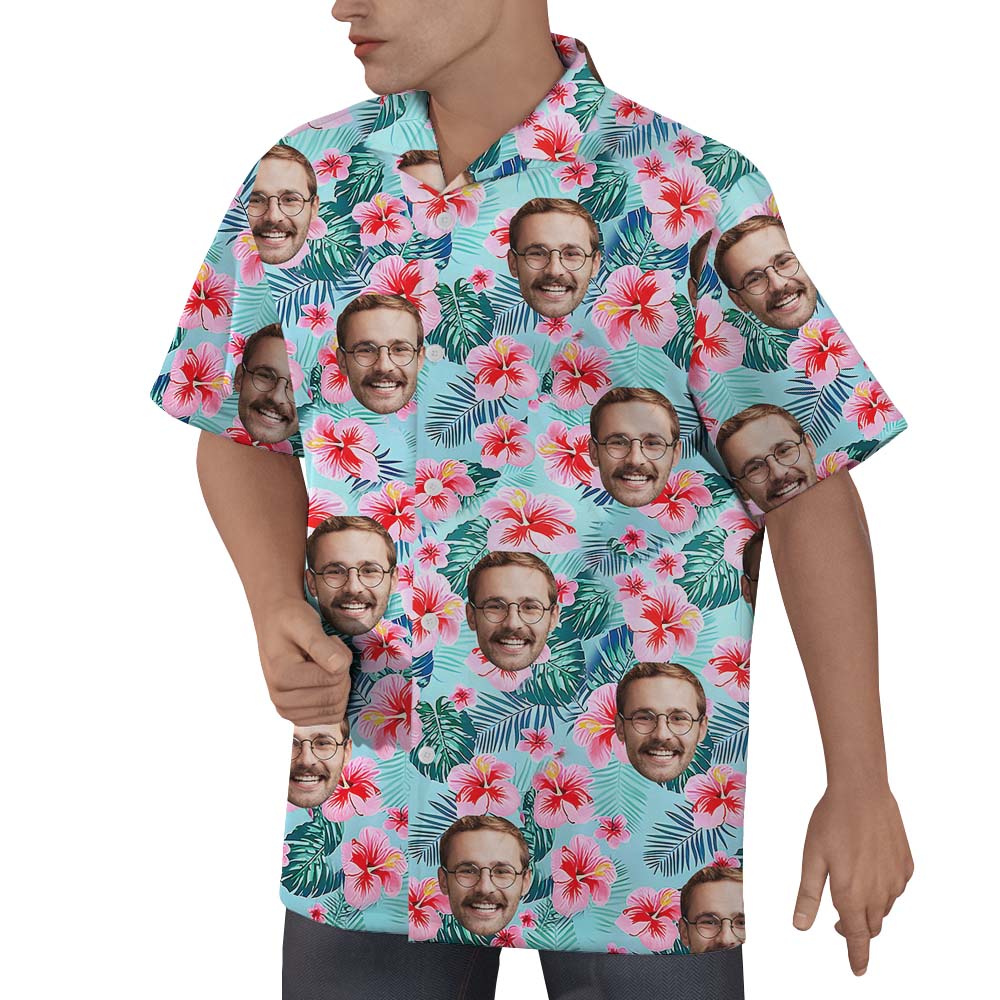 Custom Face Hibiscus Blue Hawaiian Shirt With Faces